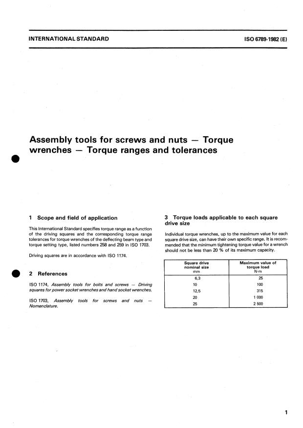 ISO 6789:1982 - Assembly tools for screws and nuts -- Hand torque tools -- Requirements and test methods