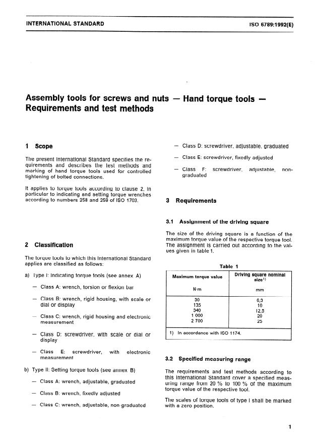 ISO 6789:1992 - Assembly tools for screws and nuts -- Hand torque tools -- Requirements and test methods