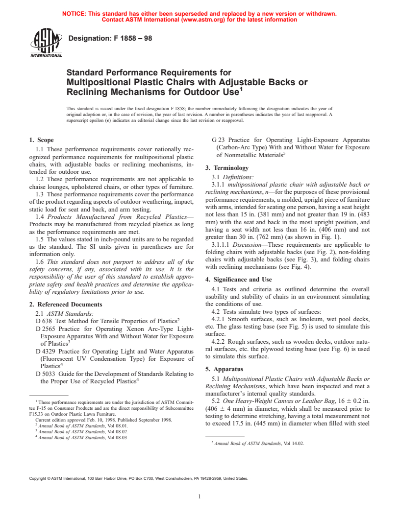 ASTM F1858-98 - Standard Performance Requirements for Multipositional Plastic Chairs with Adjustable Backs or Reclining Mechanisms for Outdoor Use