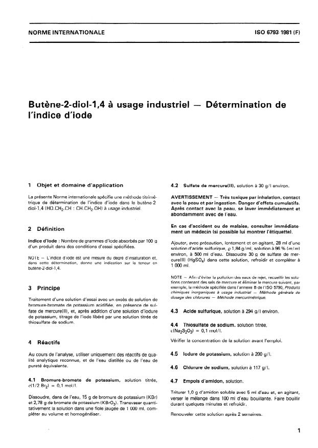 ISO 6793:1981 - Butene-2-diol-1,4 a usage industriel -- Détermination de l'indice d'iode