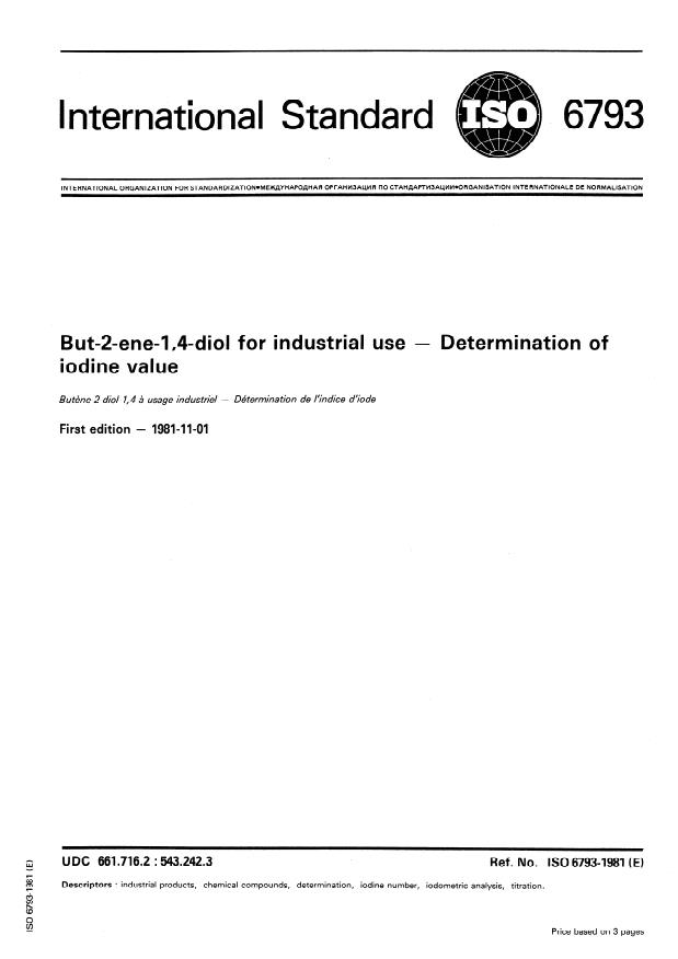 ISO 6793:1981 - But-2-ene 1,4-diol for industrial use -- Determination of iodine value