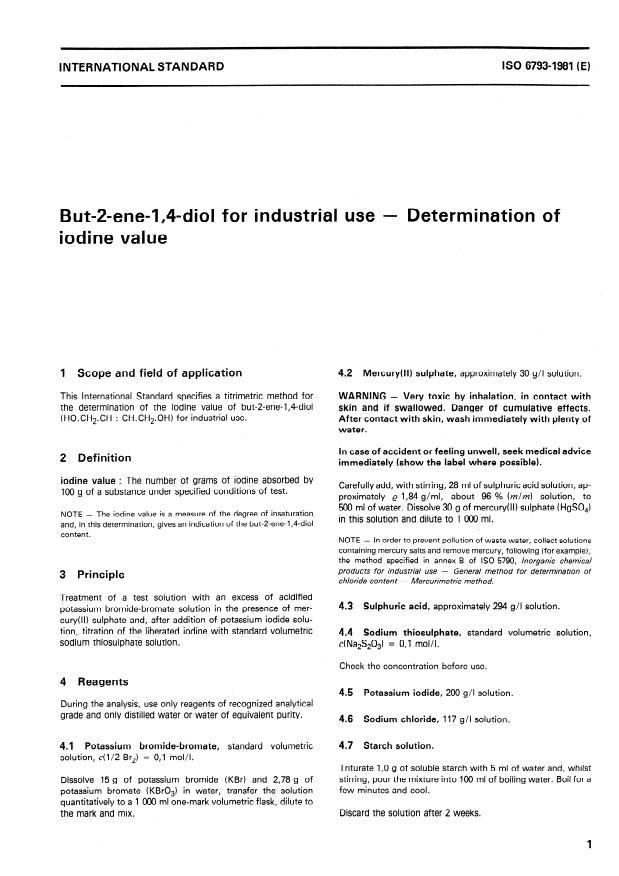 ISO 6793:1981 - But-2-ene 1,4-diol for industrial use -- Determination of iodine value