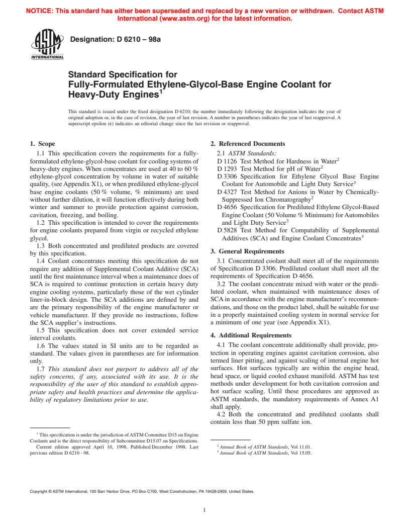 ASTM D6210-98a - Standard Specification for Fully-Formulated Ethylene-Glycol-Base Engine Coolant for Heavy-Duty Engines