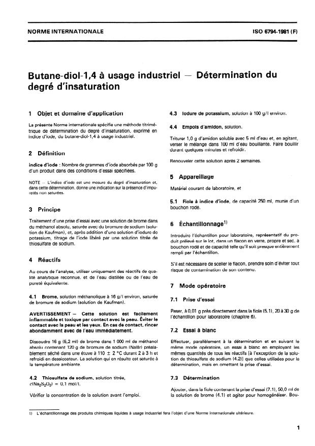 ISO 6794:1981 - Butane-diol-1,4 a usage industriel -- Détermination du degré d'insaturation