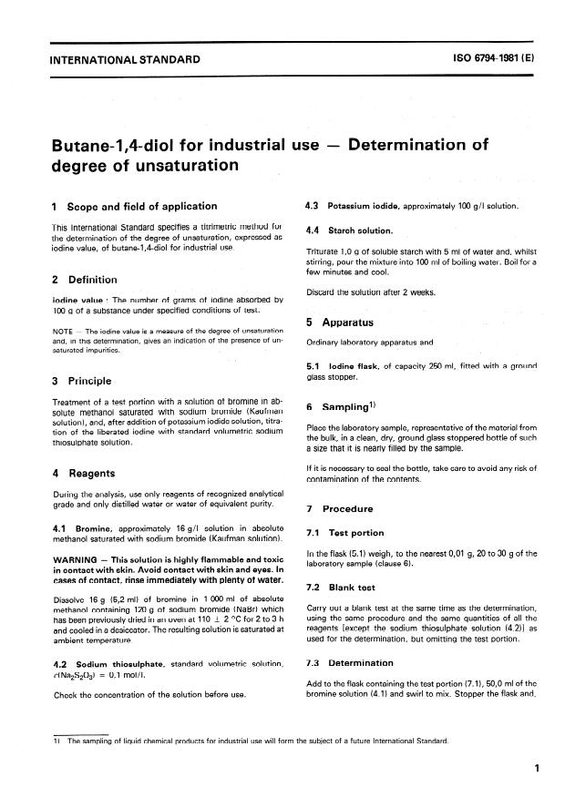 ISO 6794:1981 - Butane-1,4-diol for industrial use -- Determination of degree of unsaturation