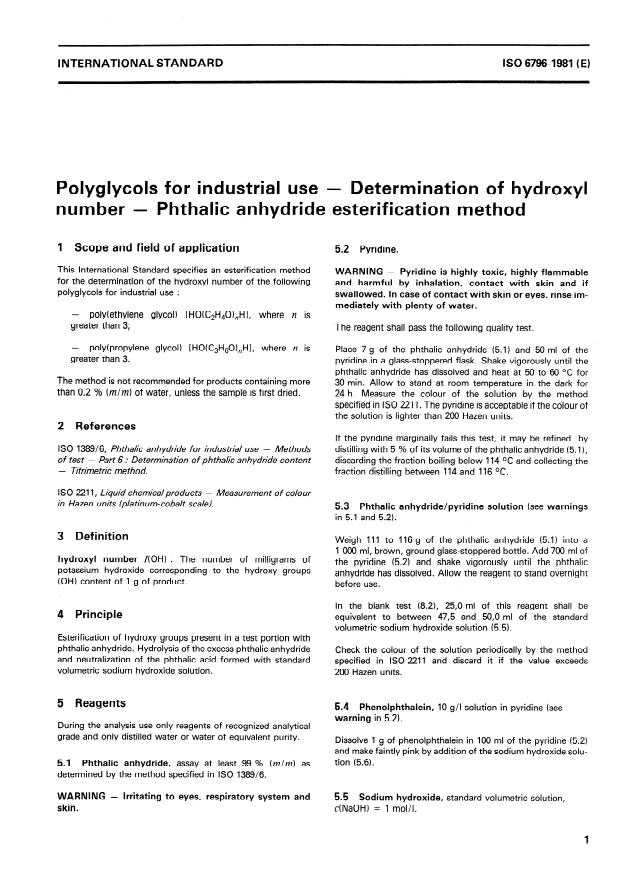 ISO 6796:1981 - Polyglycols for industrial use -- Determination of hydroxyl number -- Phthalic anhydride esterification method