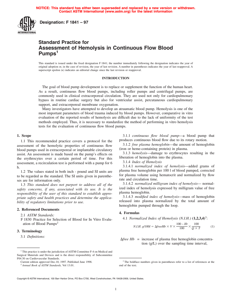 ASTM F1841-97 - Standard Practice for Assessment of Hemolysis in Continuous Flow Blood Pumps