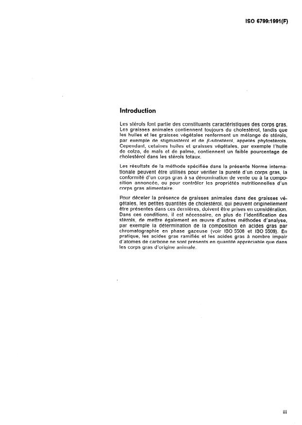 ISO 6799:1991 - Corps gras d'origines animale et végétale -- Détermination de la composition de la fraction stérolique -- Méthode par chromatographie en phase gazeuse