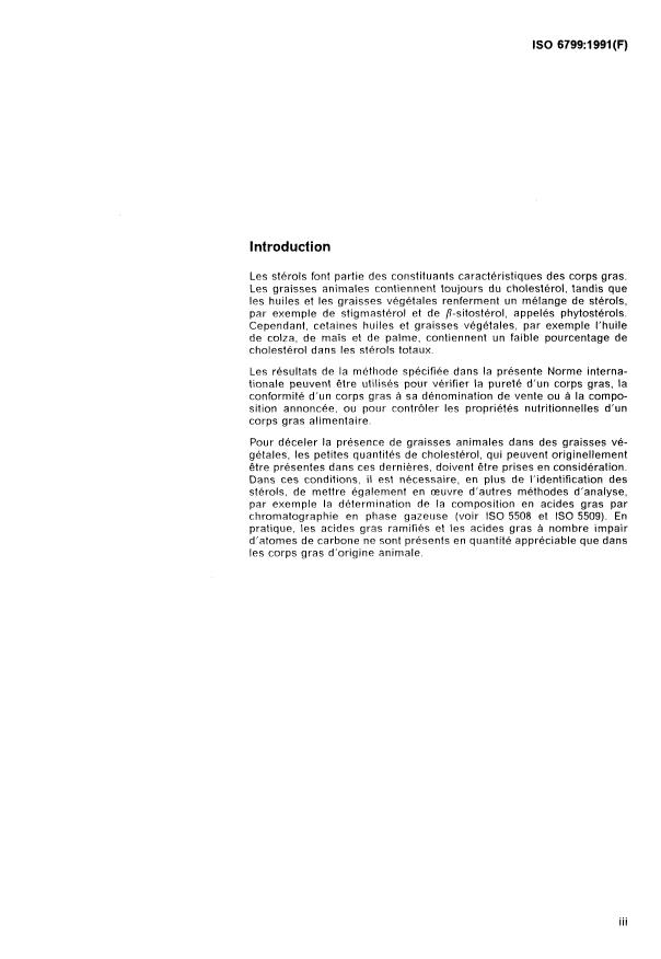 ISO 6799:1991 - Corps gras d'origines animale et végétale -- Détermination de la composition de la fraction stérolique -- Méthode par chromatographie en phase gazeuse
