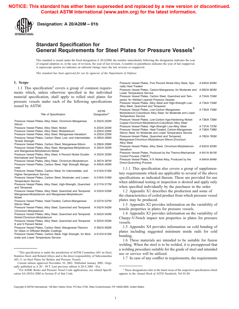 ASTM A20/A20M-01b - Standard Specification for General Requirements for Steel Plates for Pressure Vessels