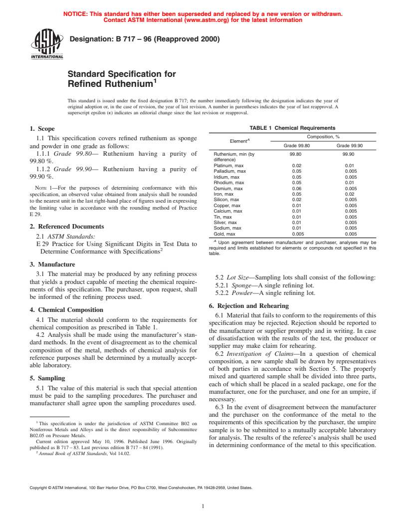 ASTM B717-96(2000) - Standard Specification for Refined Ruthenium