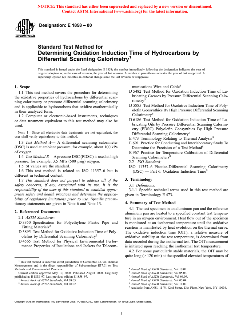 ASTM E1858-00 - Standard Test Method for Determining Oxidation Induction Time of Hydrocarbons by Differential Scanning Calorimetry