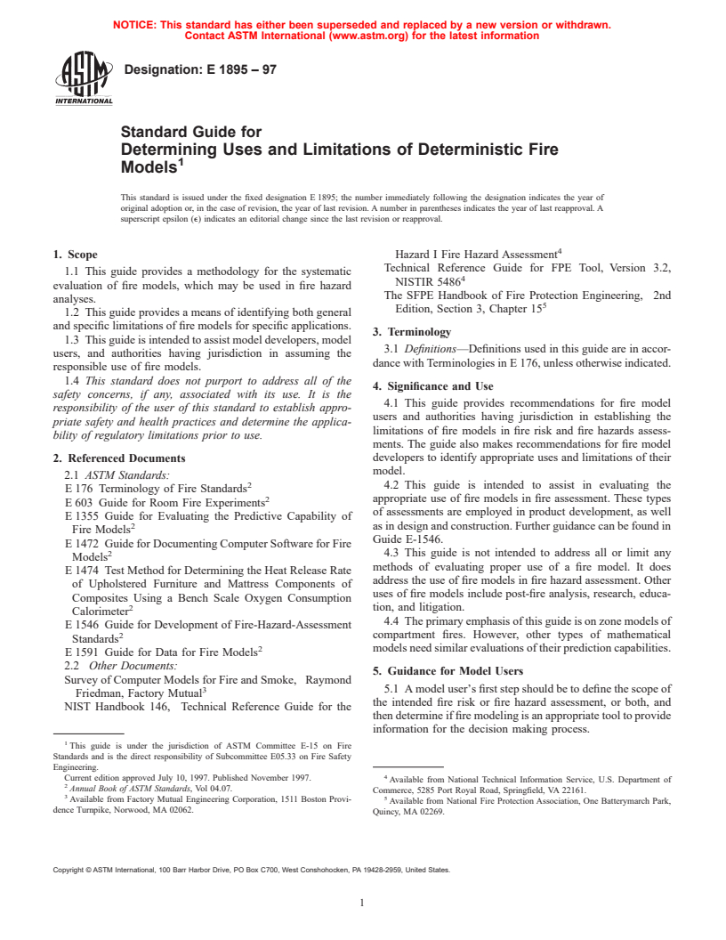 ASTM E1895-97 - Standard Guide for Determining Uses and Limitations of Deterministic Fire Models