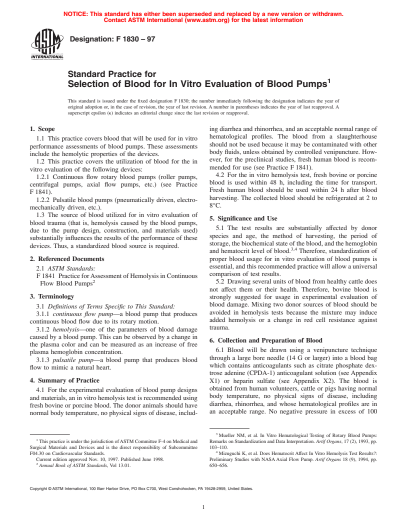 ASTM F1830-97 - Standard Practice for Selection of Blood for In Vitro Evaluation of Blood Pumps