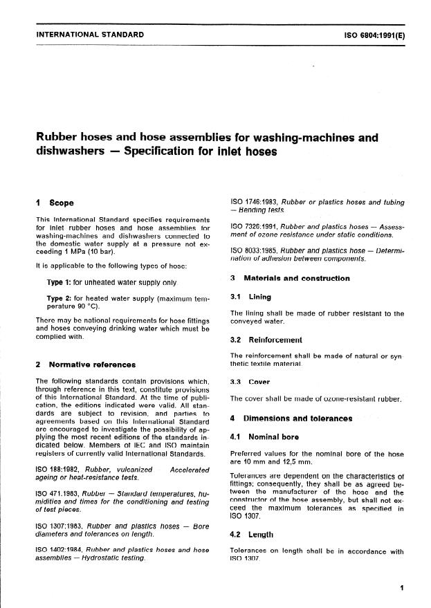 ISO 6804:1991 - Rubber and plastics inlet hoses and hose assemblies for washing-machines and dishwashers -- Specification