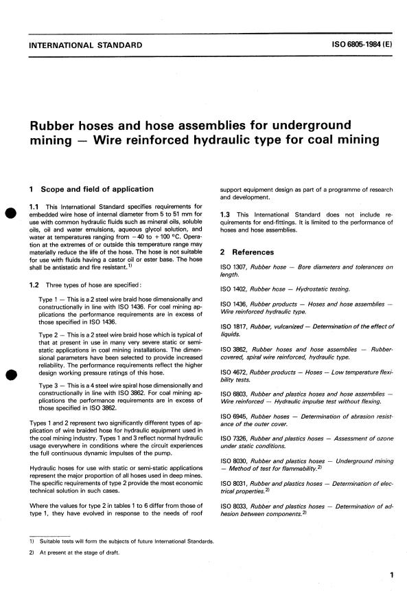 ISO 6805:1984 - Rubber hoses and hose assemblies for underground mining -- Wire reinforced hydraulic type for coal mining