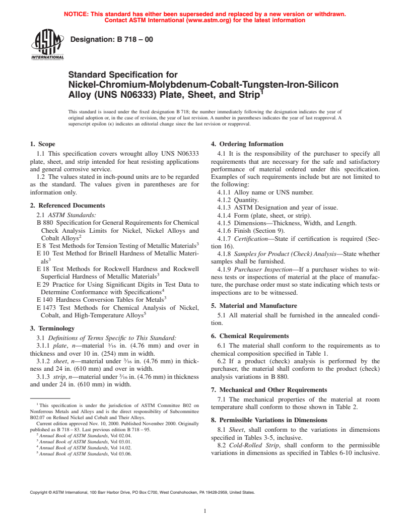 ASTM B718-00 - Standard Specification for Nickel-Chromium-Molybdenum-Cobalt-Tungsten-Iron-Silicon Alloy (UNS N06333) Plate, Sheet, and Strip