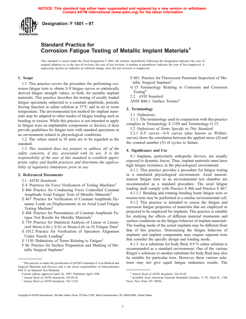 ASTM F1801-97 - Standard Practice for Corrosion Fatigue Testing of Metallic Implant Materials