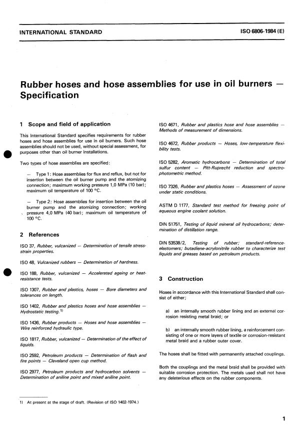 ISO 6806:1984 - Rubber hoses and hose assemblies for use in oil burners -- Specification