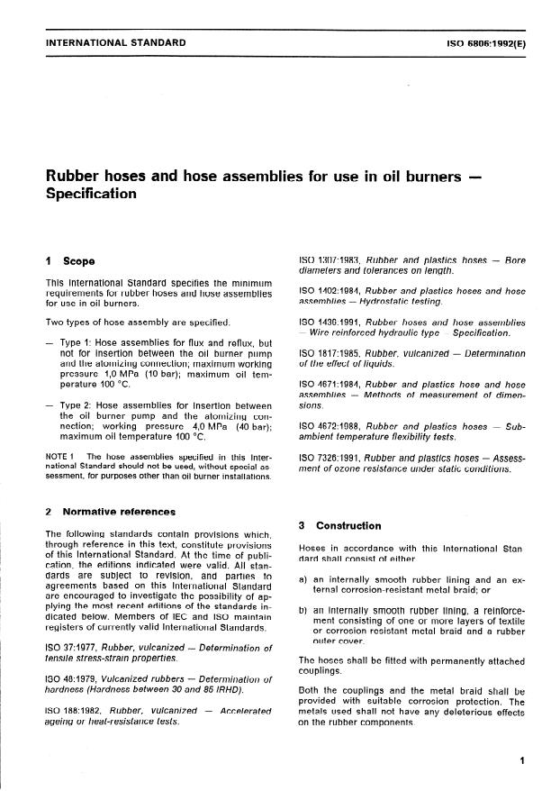 ISO 6806:1992 - Rubber hoses and hose assemblies for use in oil burners -- Specification