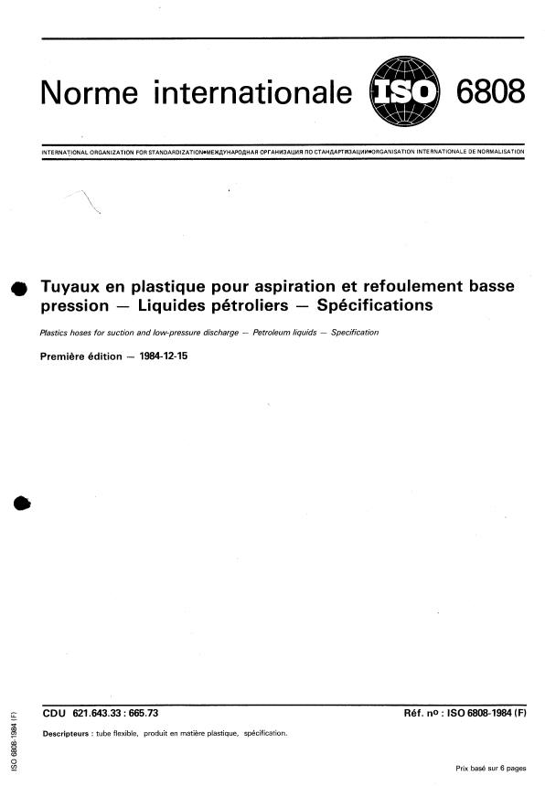 ISO 6808:1984 - Tuyaux en plastique pour aspiration et refoulement basse pression -- Liquides pétroliers -- Spécifications
