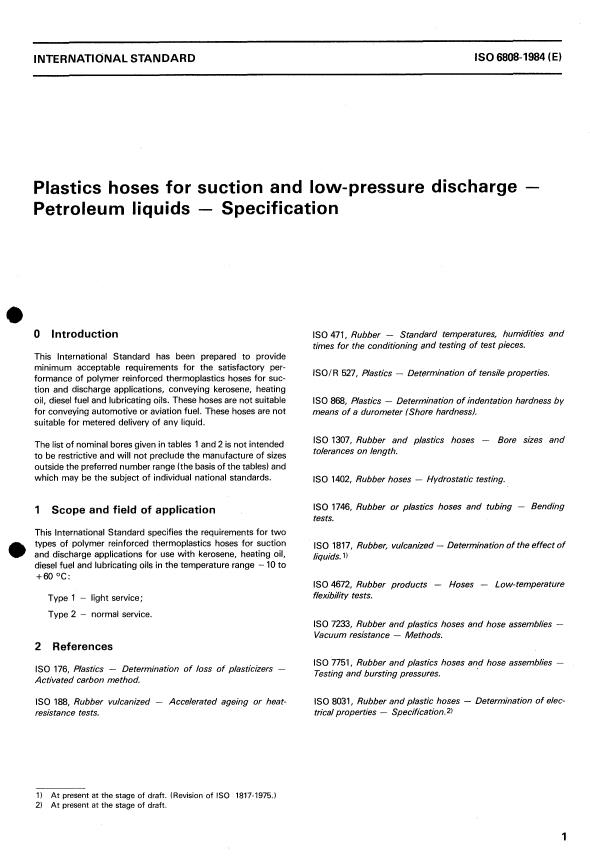 ISO 6808:1984 - Plastics hoses for suction and low-pressure discharge -- Petroleum liquids -- Specification