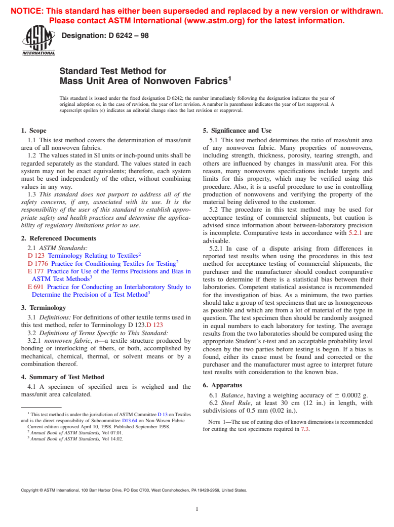 ASTM D6242-98 - Standard Test Method for Mass Unit Area of Nonwoven Fabrics