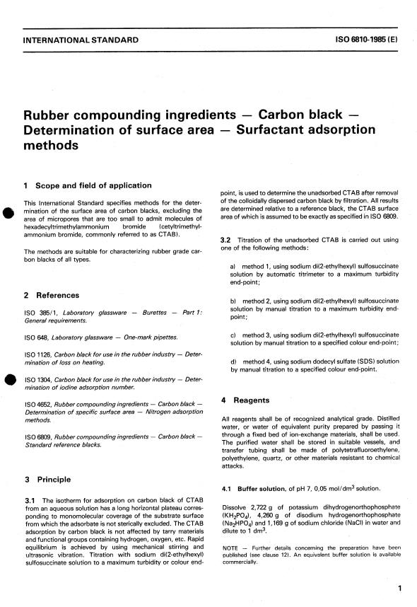 ISO 6810:1985 - Rubber compounding ingredients -- Carbon black -- Determination of surface area -- Surfactant adsorption methods