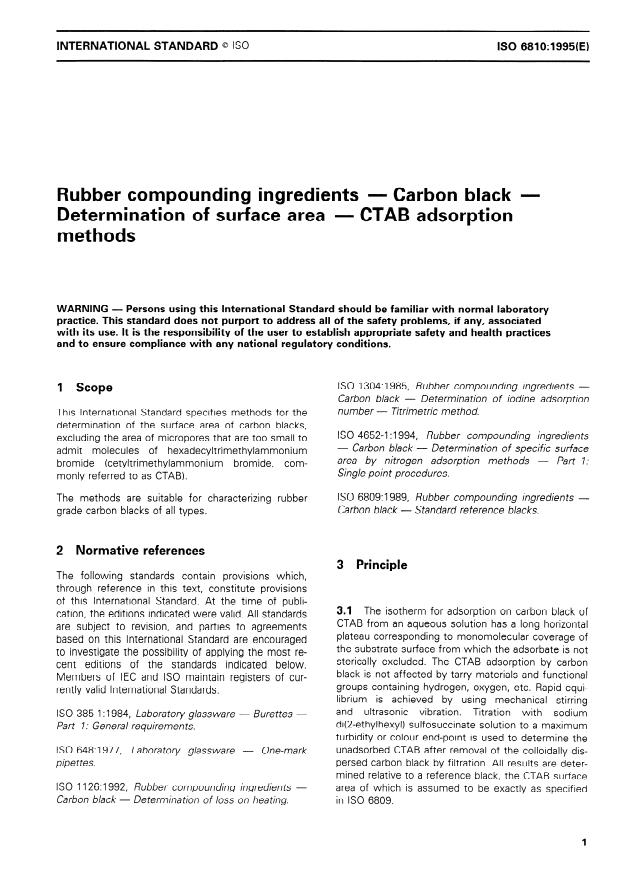 ISO 6810:1995 - Rubber compounding ingredients -- Carbon black -- Determination of surface area -- CTAB adsorption methods