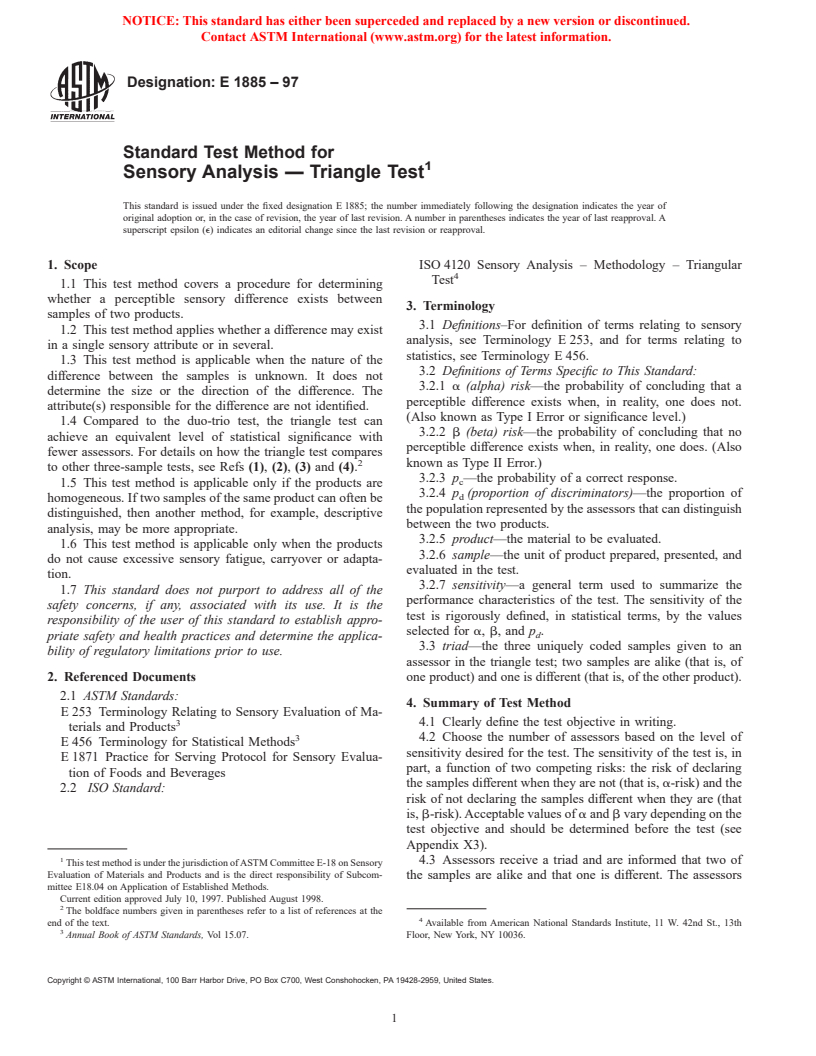 ASTM E1885-97 - Standard Test Method for Sensory Analysis-Triangle Test