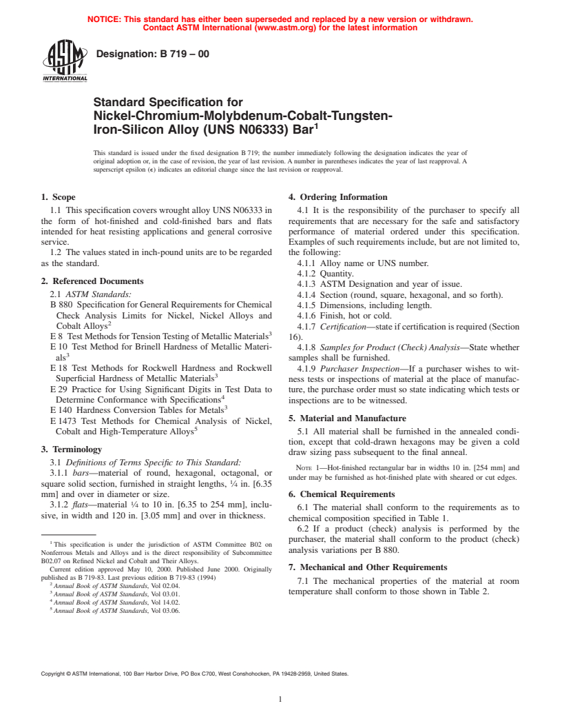 ASTM B719-00 - Standard Specification for Nickel-Chromium-Molybdenum-Cobalt-Tungsten-Iron-Silicon Alloy (UNS N06333) Bar
