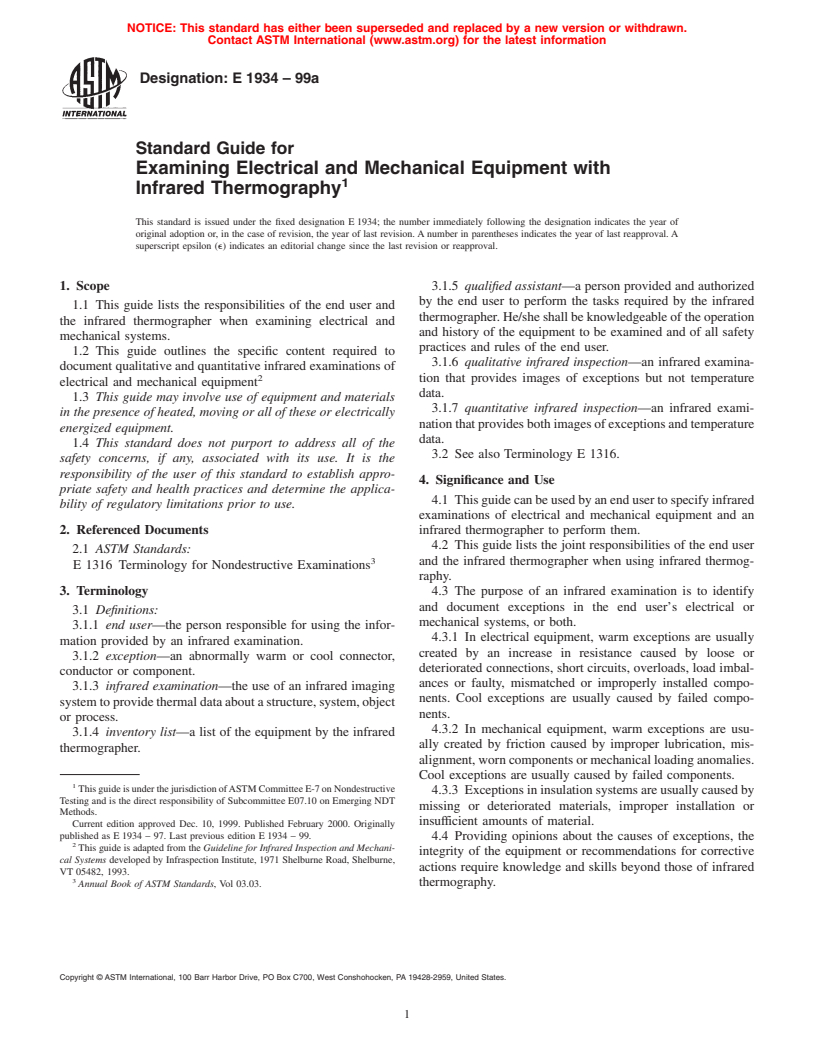 ASTM E1934-99a - Standard Guide for Examining Electrical and Mechanical Equipment with Infrared Thermography