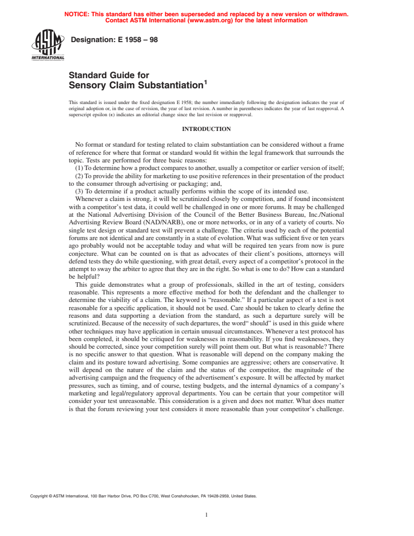 ASTM E1958-98 - Standard Guide for Sensory Claim Substantiation