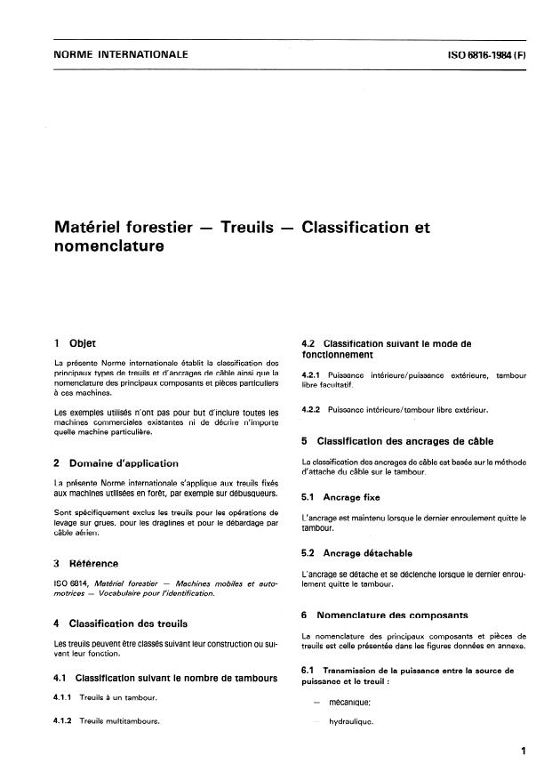 ISO 6816:1984 - Matériel forestier -- Treuils -- Classification et nomenclature
