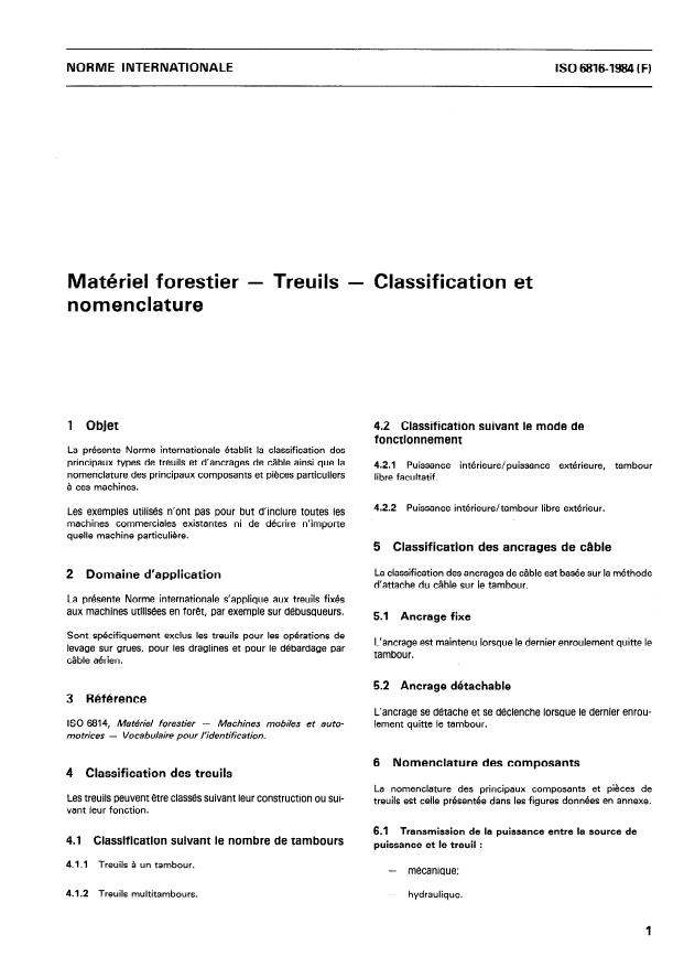 ISO 6816:1984 - Matériel forestier -- Treuils -- Classification et nomenclature