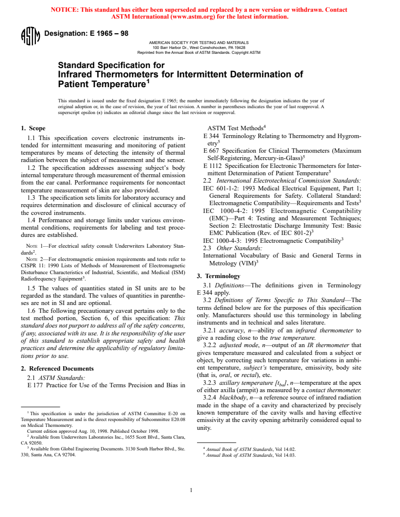 ASTM E1965-98 - Standard Specification for Infrared Thermometers for Intermittent Determination of Patient Temperature