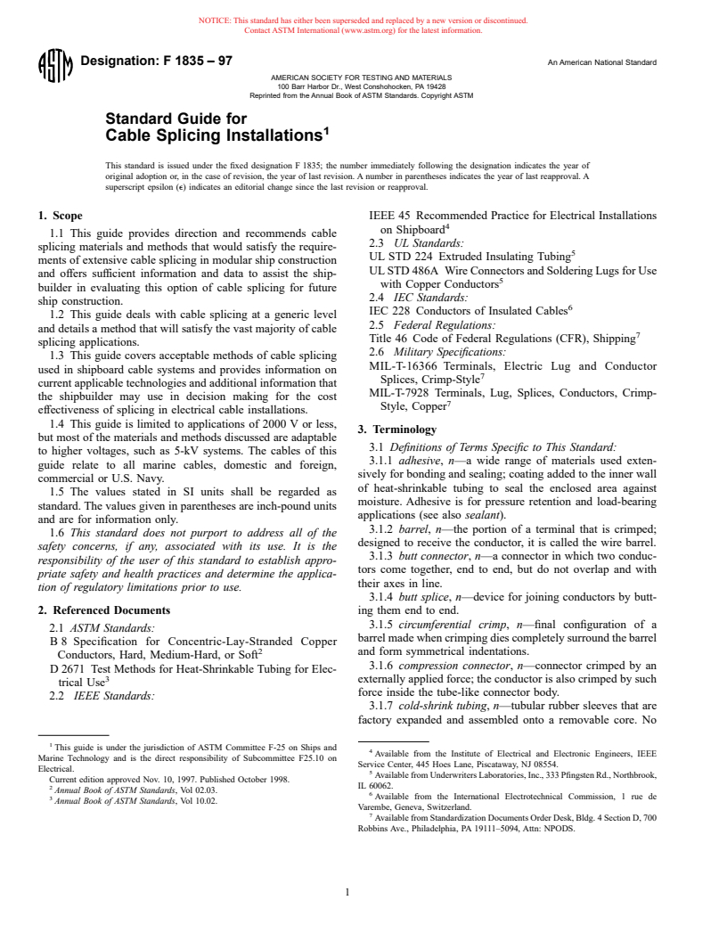 ASTM F1835-97 - Standard Guide for Cable Splicing Installations