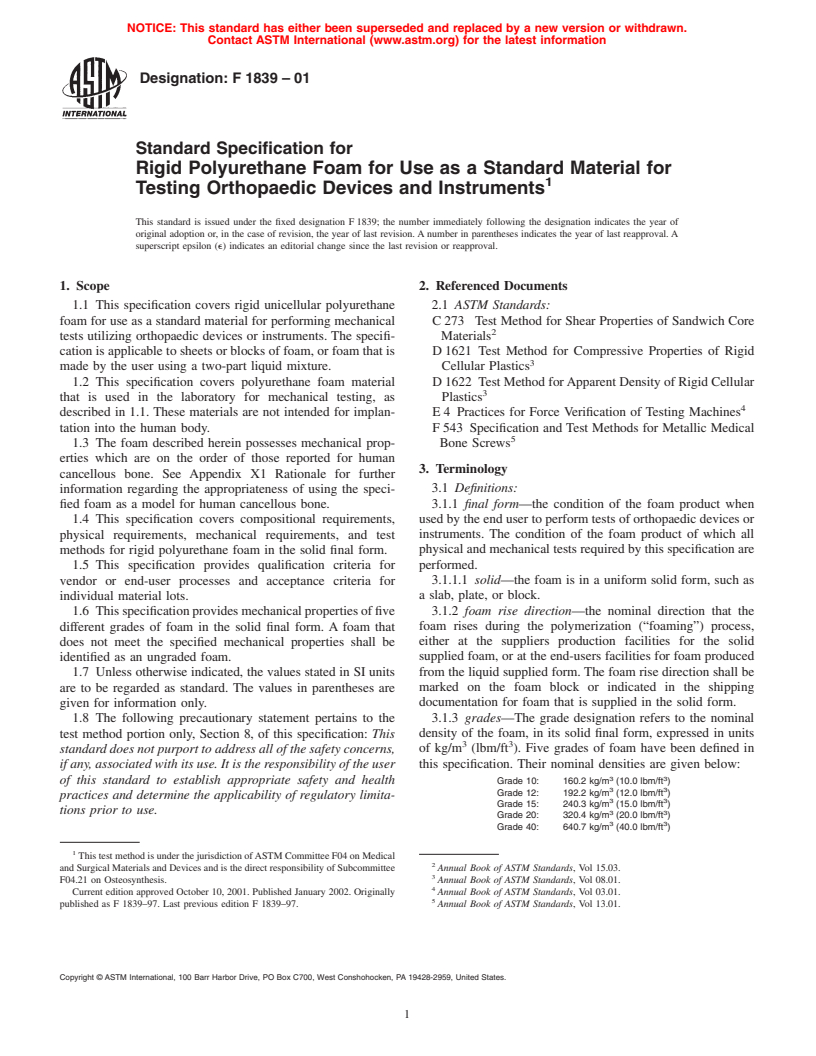 ASTM F1839-01 - Standard Specification for Rigid Polyurethane Foam for Use as a Standard Material for Testing Orthopaedic Devices and Instruments