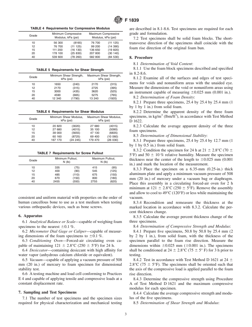 ASTM F1839-01 - Standard Specification for Rigid Polyurethane Foam for Use as a Standard Material for Testing Orthopaedic Devices and Instruments