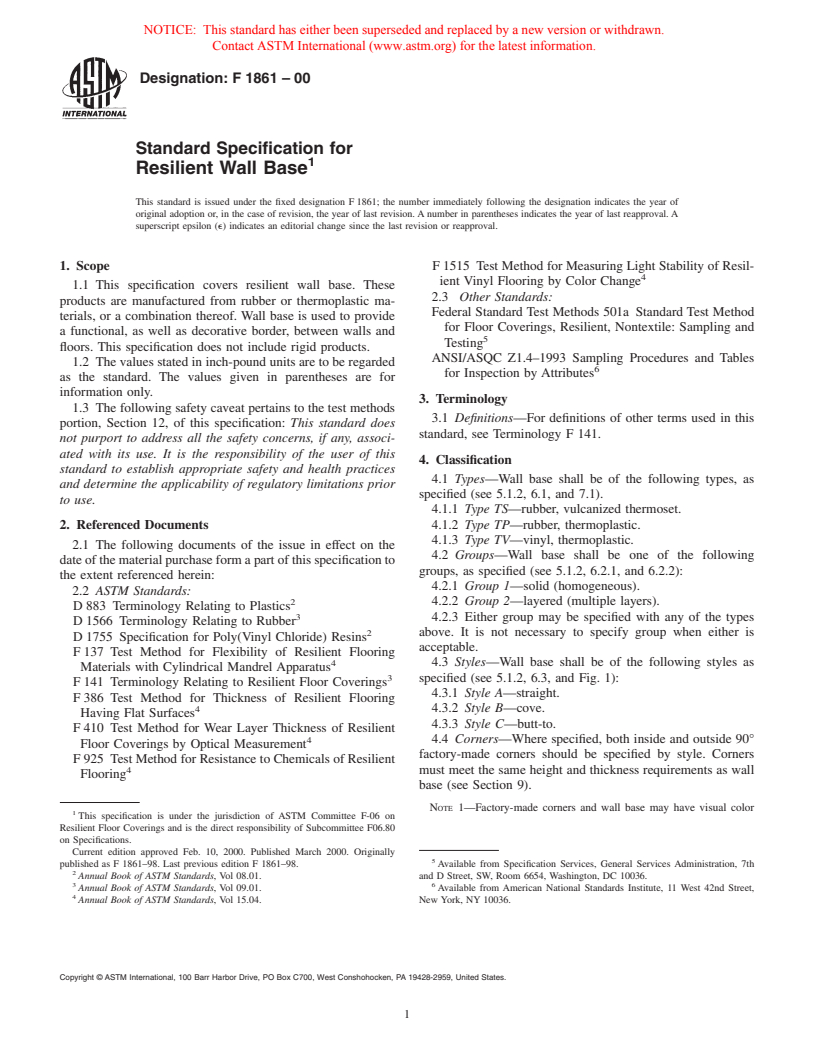 ASTM F1861-00 - Standard Specification for Resilient Wall Base