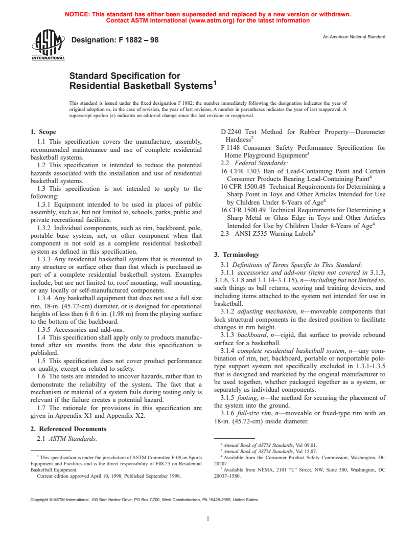 ASTM F1882-98 - Standard Specification for Residential Basketball Systems