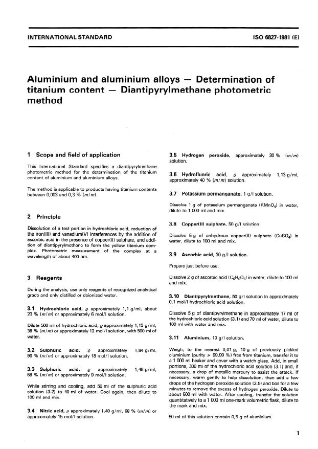 ISO 6827:1981 - Aluminium and aluminium alloys -- Determination of titanium content -- Diantipyrylmethane photometric method