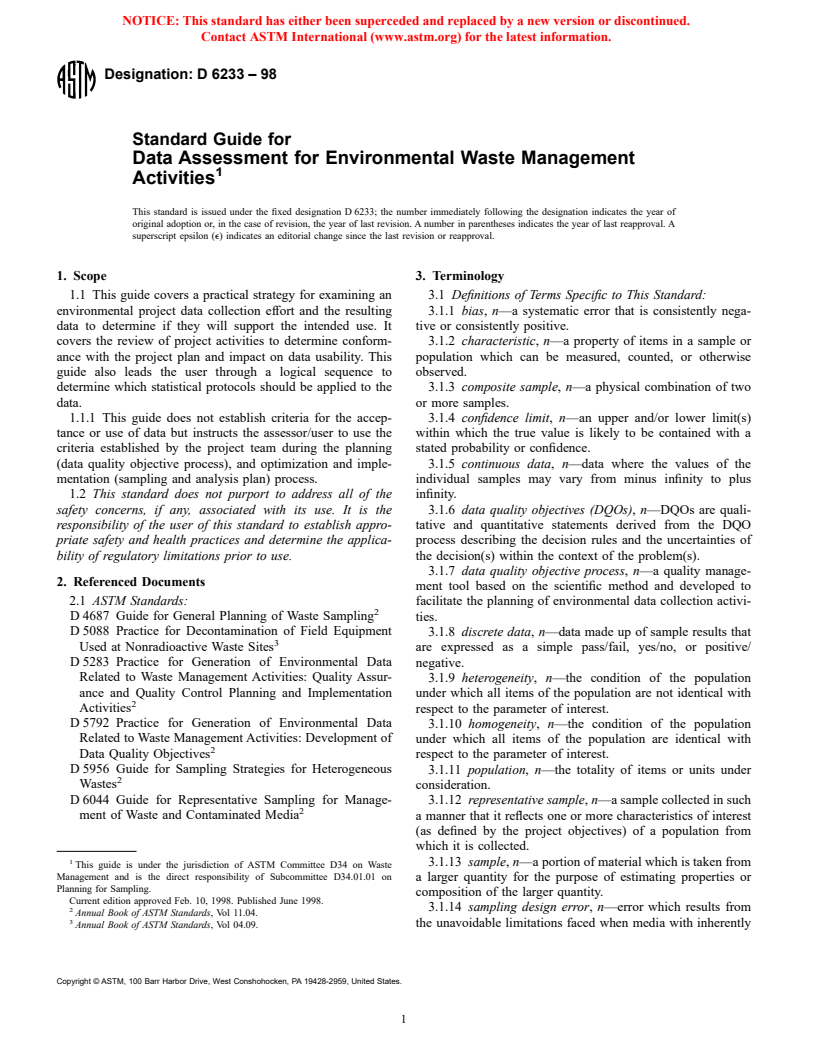 ASTM D6233-98 - Standard Guide for Data Assessment for Environmental Waste Management Activities