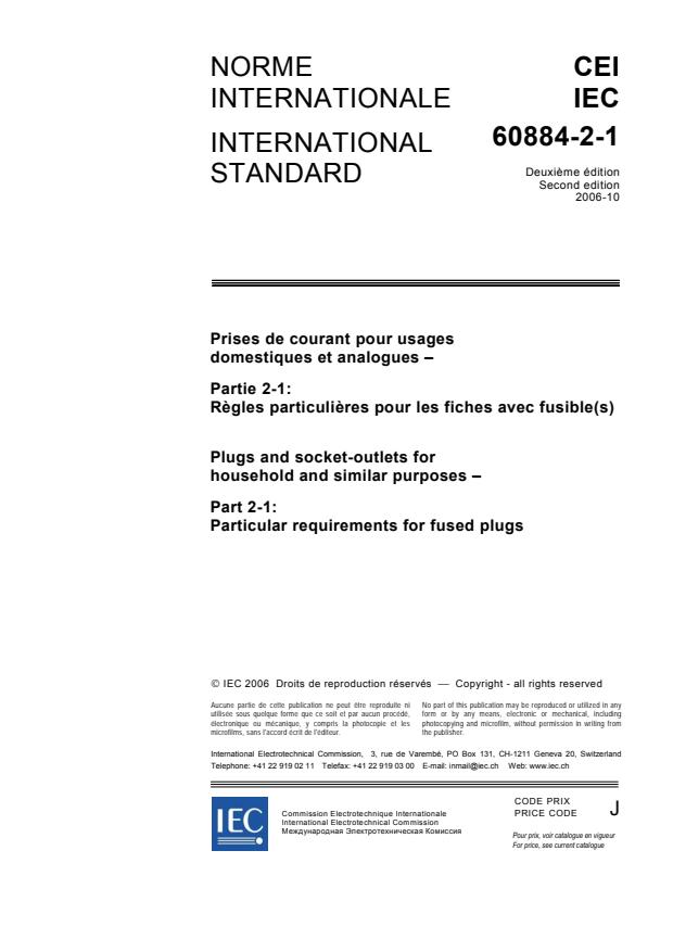 IEC 60884-2-1:2006 - Plugs and socket-outlets for household and similar purposes - Part 2-1: Particular requirements for fused plugs