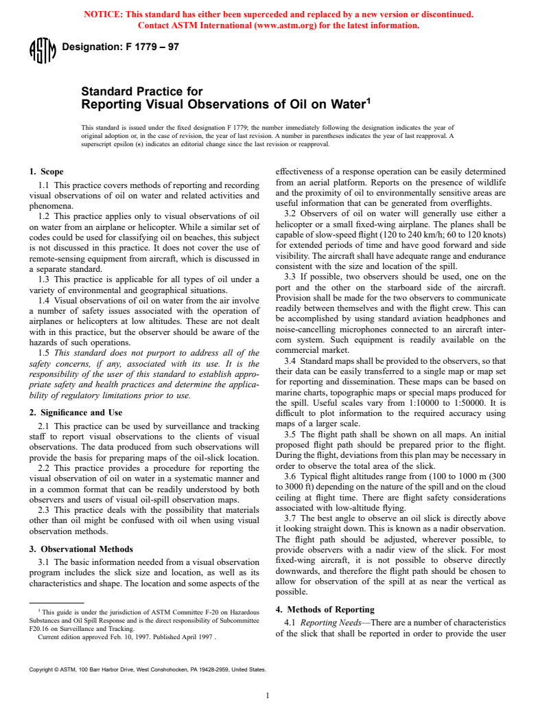 ASTM F1779-97 - Standard Practice for Reporting Visual Observations of Oil on Water