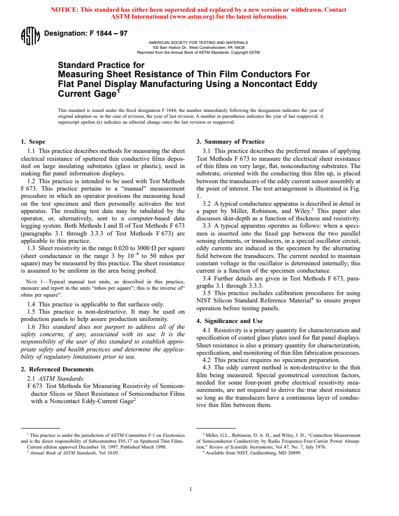 ASTM F1844-97 - Standard Practice for Measuring Sheet Resistance of Thin Film Conductors For Flat Panel Display Manufacturing Using a Noncontact Eddy Current Gage