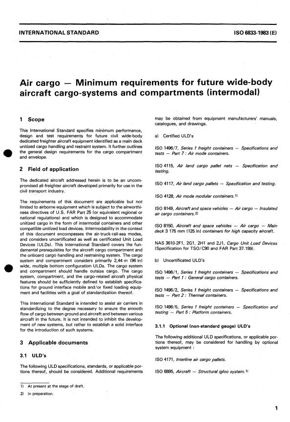 ISO 6833:1983 - Air cargo -- Minimum requirements for future wide-body aircraft cargo systems and compartments (intermodal)