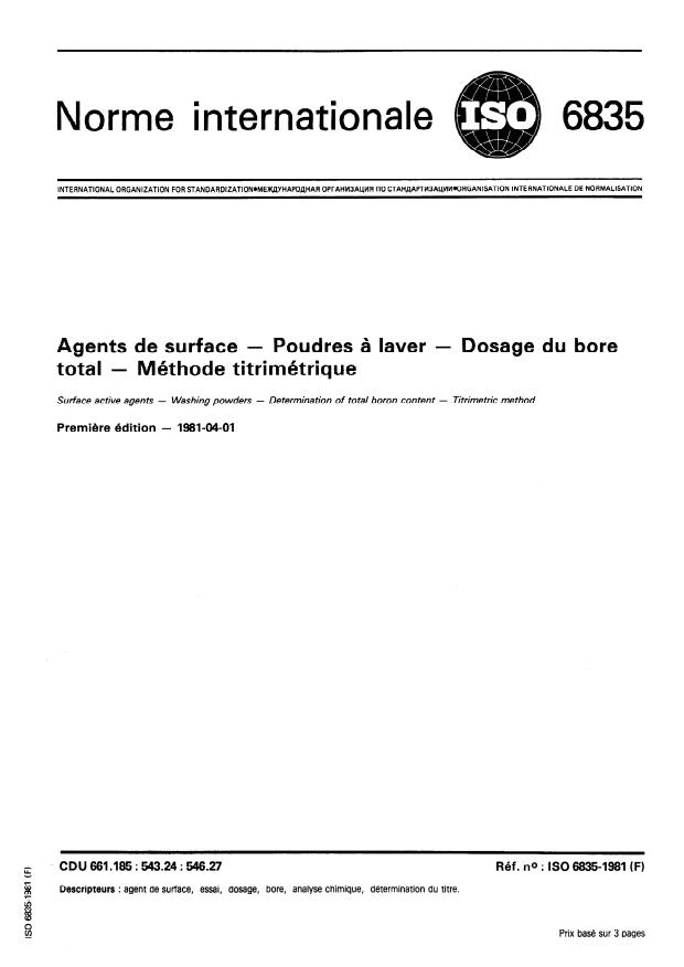ISO 6835:1981 - Agents de surface -- Poudres a laver -- Dosage du bore total -- Méthode titrimétrique