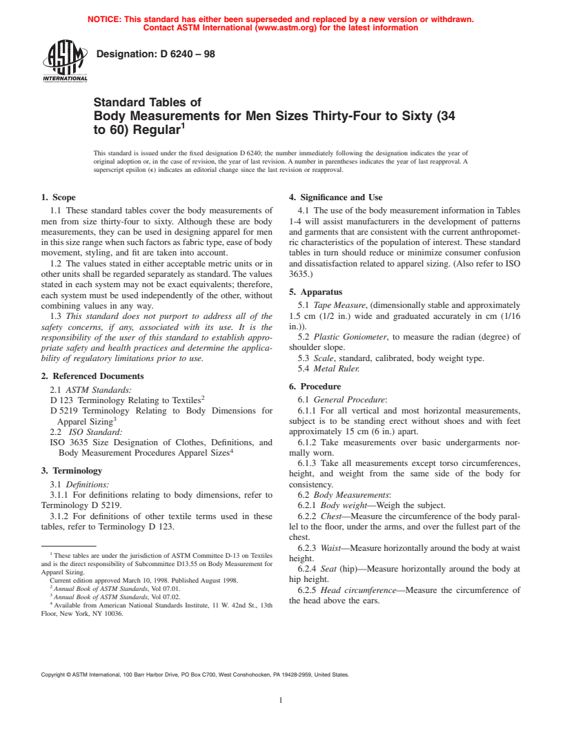 ASTM D6240-98 - Standard Tables of Body Measurements for Men Sizes Thirty-Four to Sixty (34 to 60) Regular