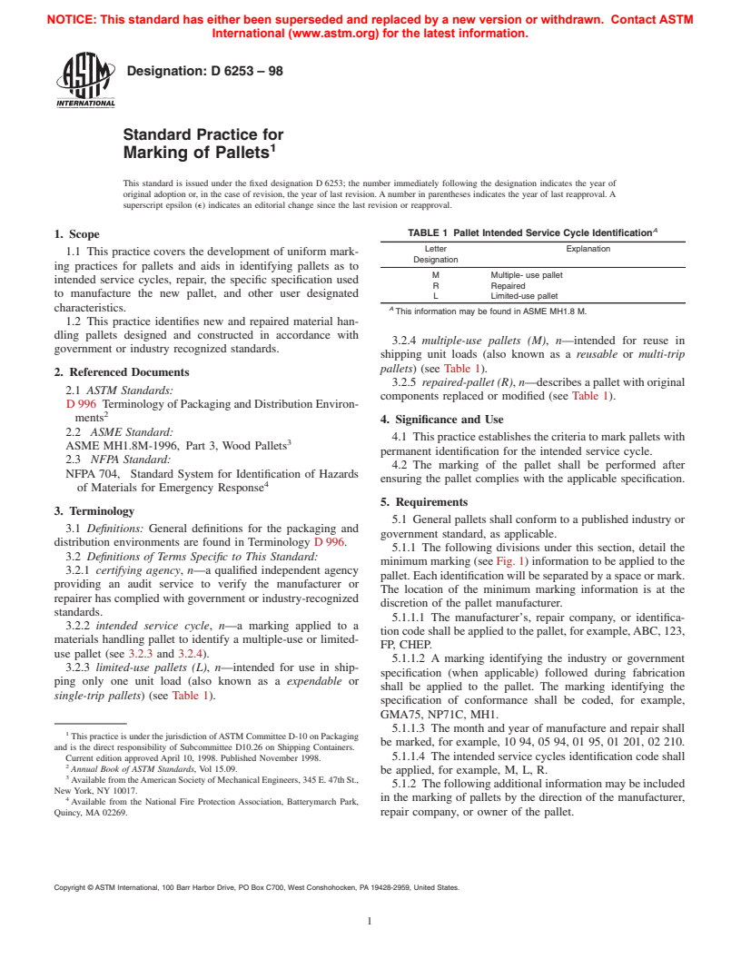 ASTM D6253-98 - Standard Practice for Marking of Pallets